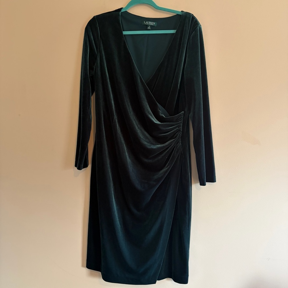 Ralph Lauren Deep Green Velvet Wrap-Style Long Sleeve Dress